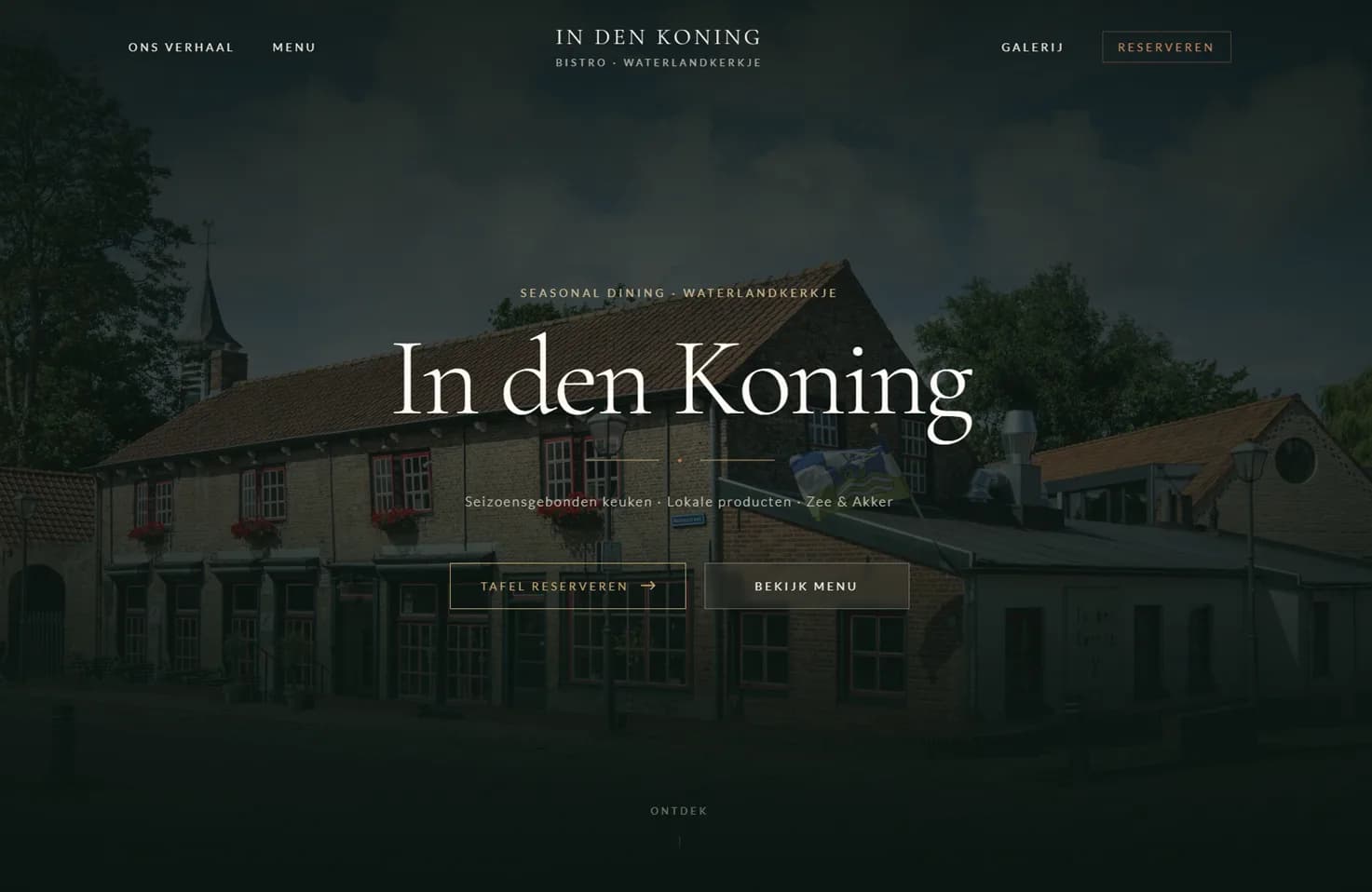 Homepage van de Bistro In den Koning website — bourgondische bistro in Waterlandkerkje, ontworpen door Breure.ai