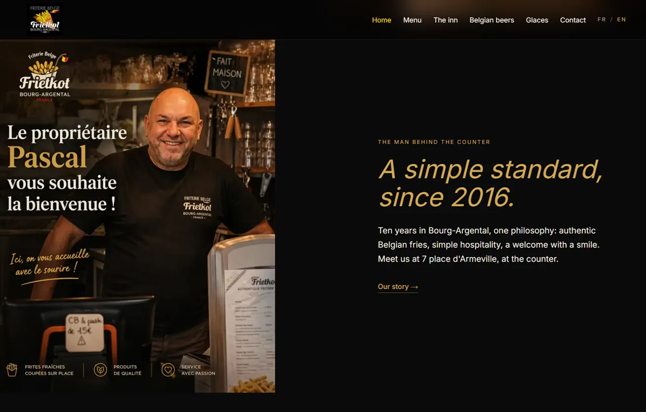 Homepage van de Frietkot website — Belgische friterie in Bourg-Argental, ontworpen door Breure.ai