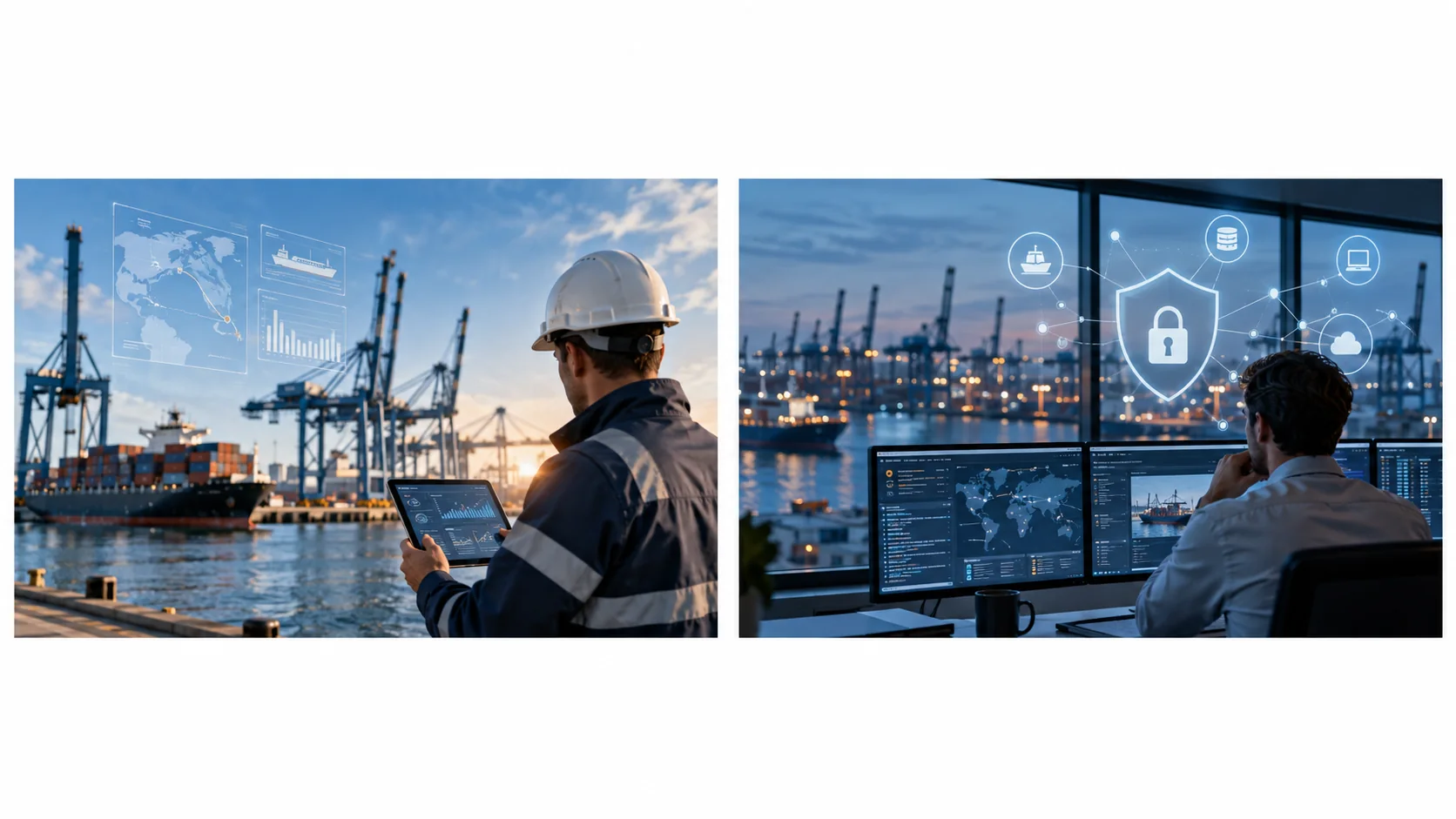 Maritime software and cybersecurity in the Port of Rotterdam with digital monitoring, ships and terminal operations.