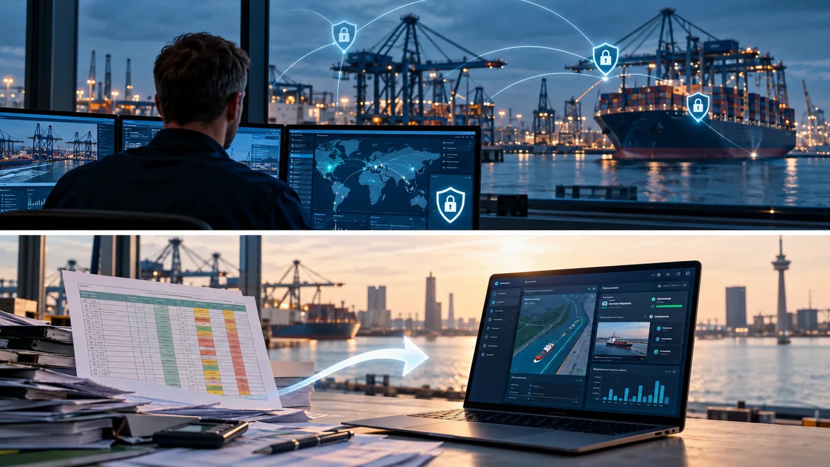 Cybersecurity and digital operations in the Port of Rotterdam with connected terminals, ships and control systems.