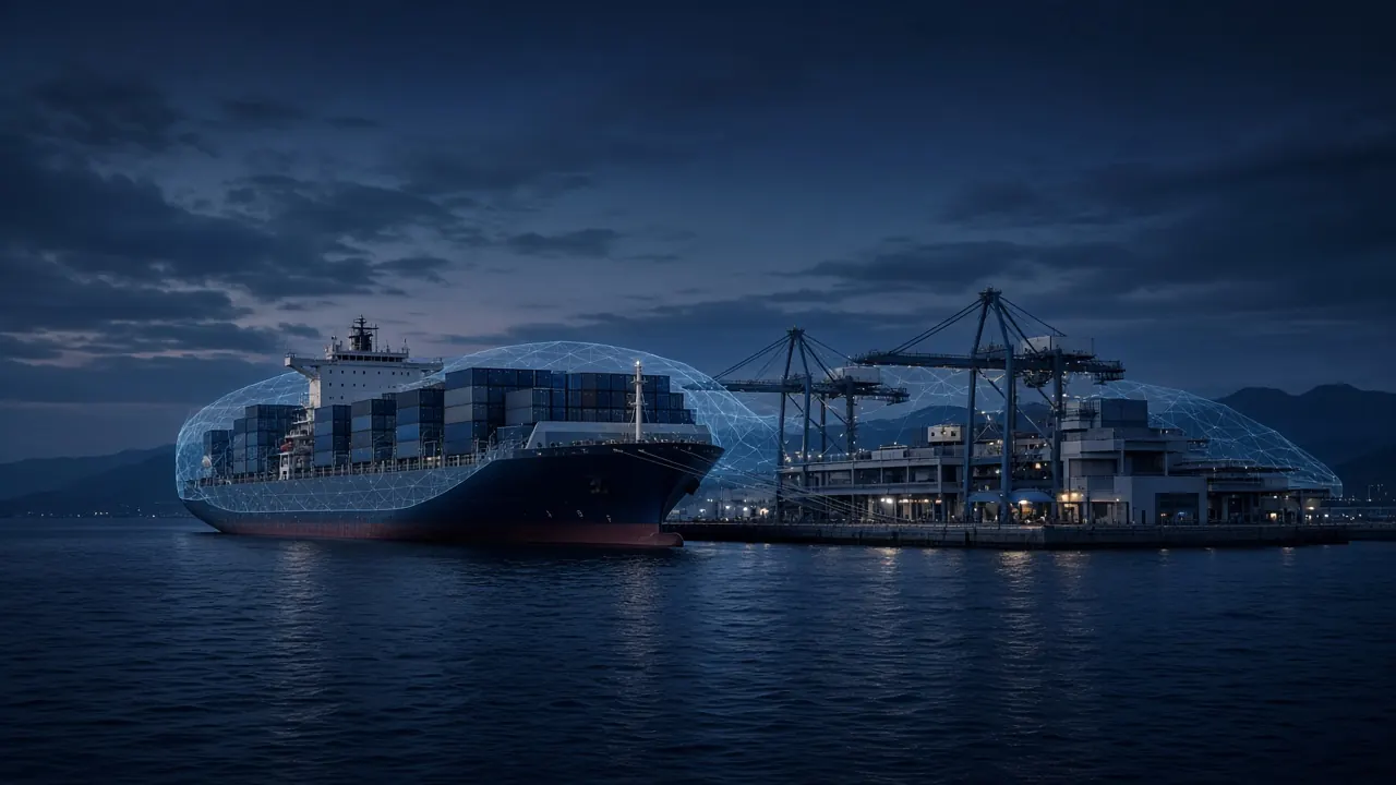 Een commercieel containerschip en een terminal in de schemering, omgeven door een fijn blauw netwerk dat een cybersecuritylaag over de haven suggereert.