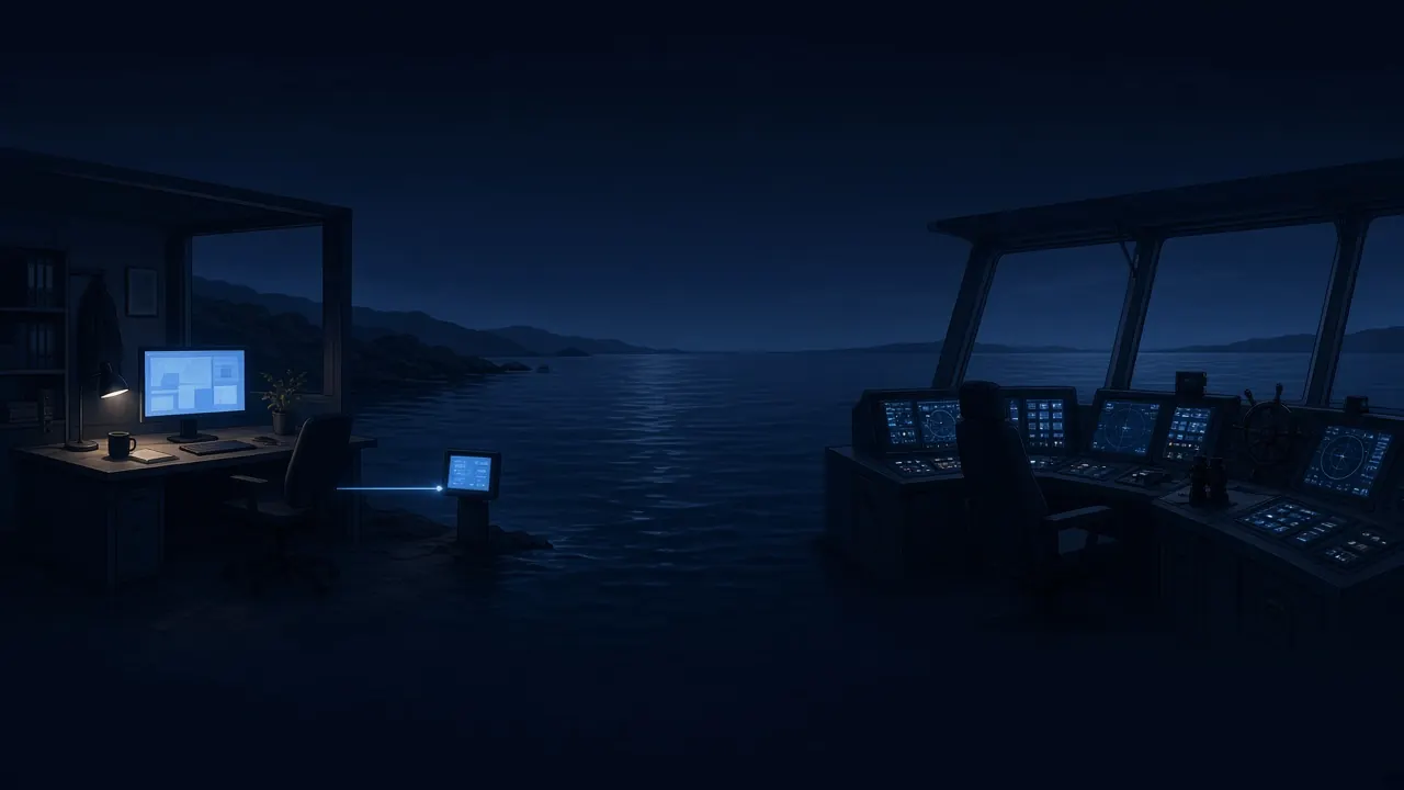 Een walkantoor met een scherm, door donker water gescheiden van een scheepsbrug. Een dunne lichtlijn stopt vóór het schip.
