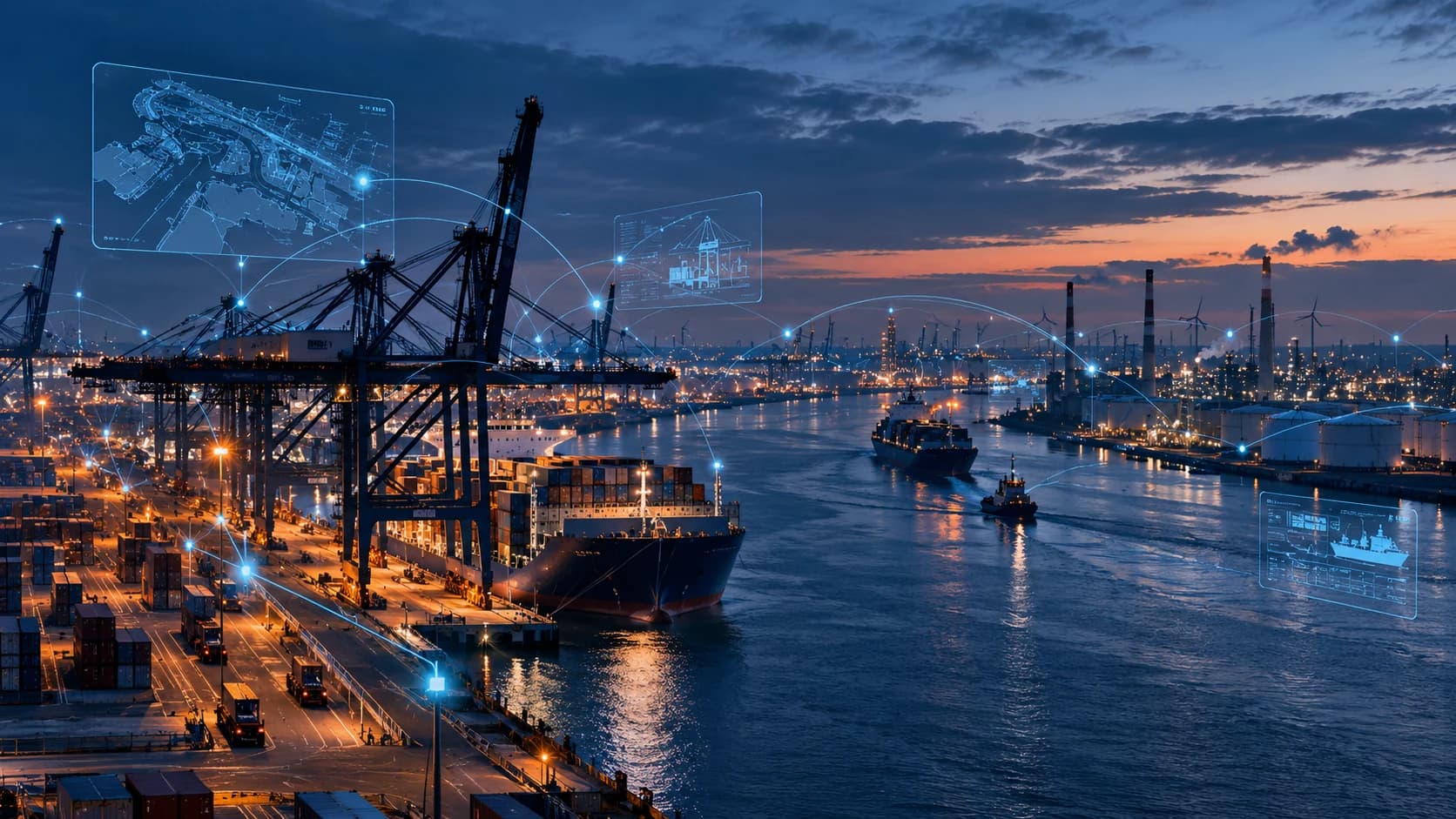 Cybersecurity and digital infrastructure in the Port of Rotterdam with terminals, ships and software connections.