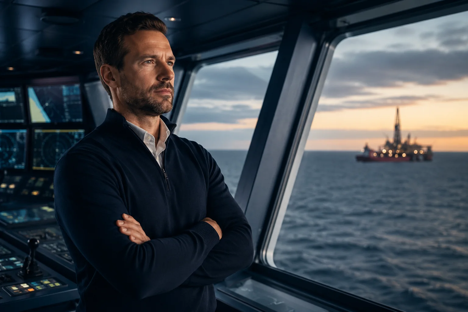 Breure.ai maritime website design showing offshore professional in modern ship bridge