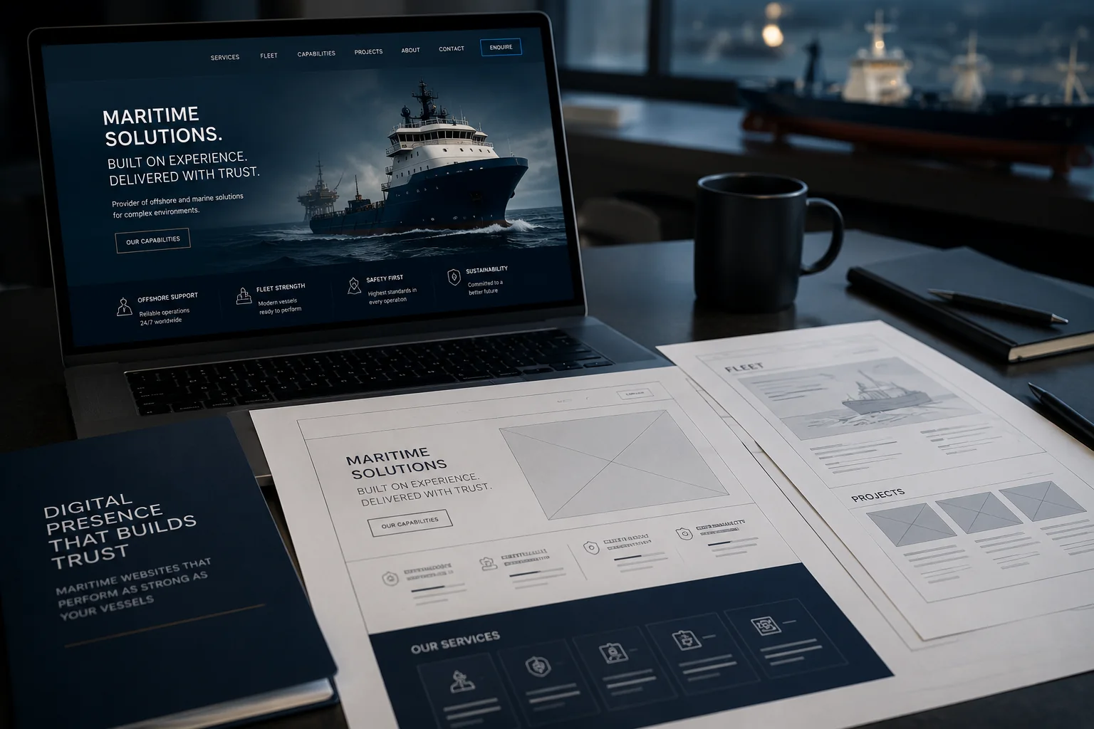 Breure.ai offshore web design mockup with vessel page wireframes and maritime capability layout
