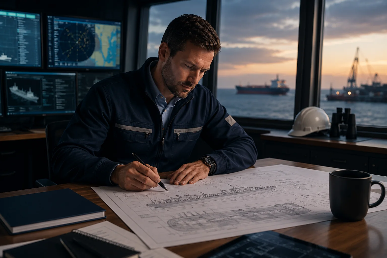 Breure.ai vessel website design with professional reviewing ship blueprints in harbor office